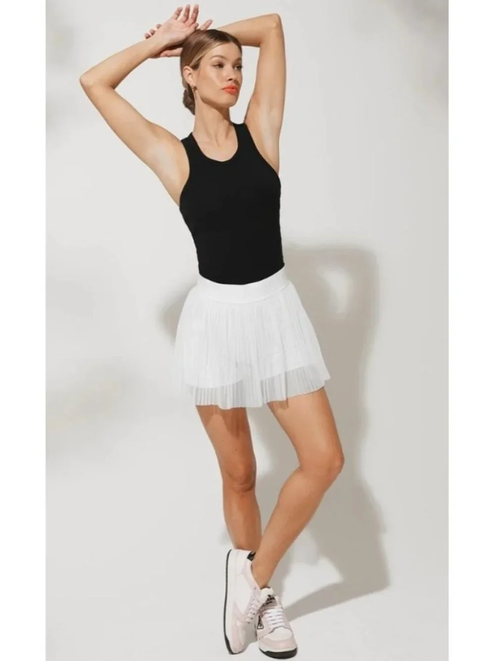 Alo Mesh Flirty Tennis Skirt White Sheer Transparent See-Through Pleated Skort